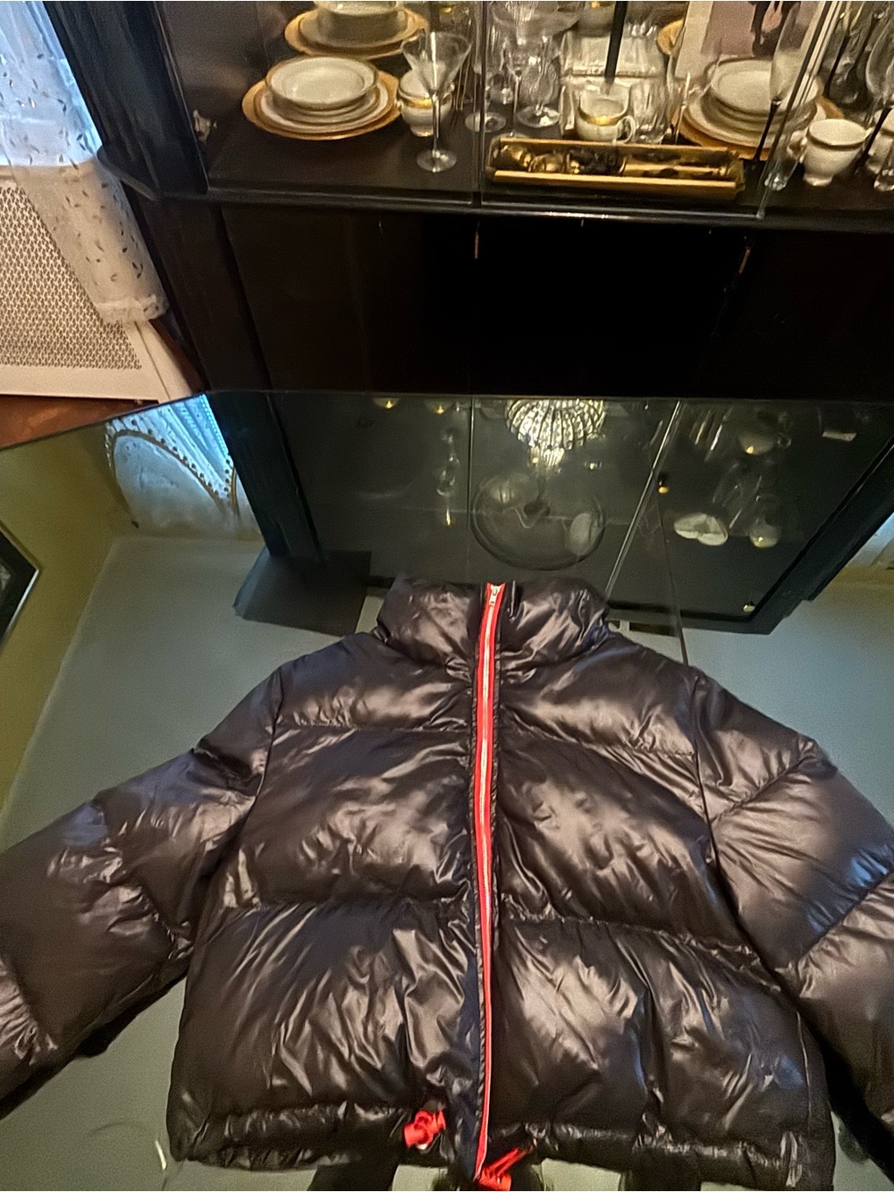 Black Puffer Jacket with Red Trim